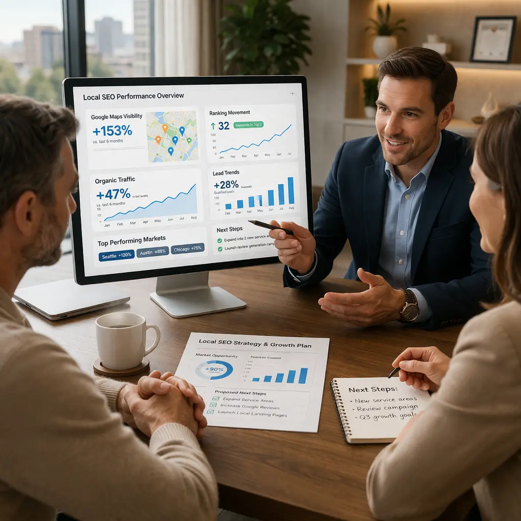 Client strategy meeting focused on local SEO results market growth and next steps