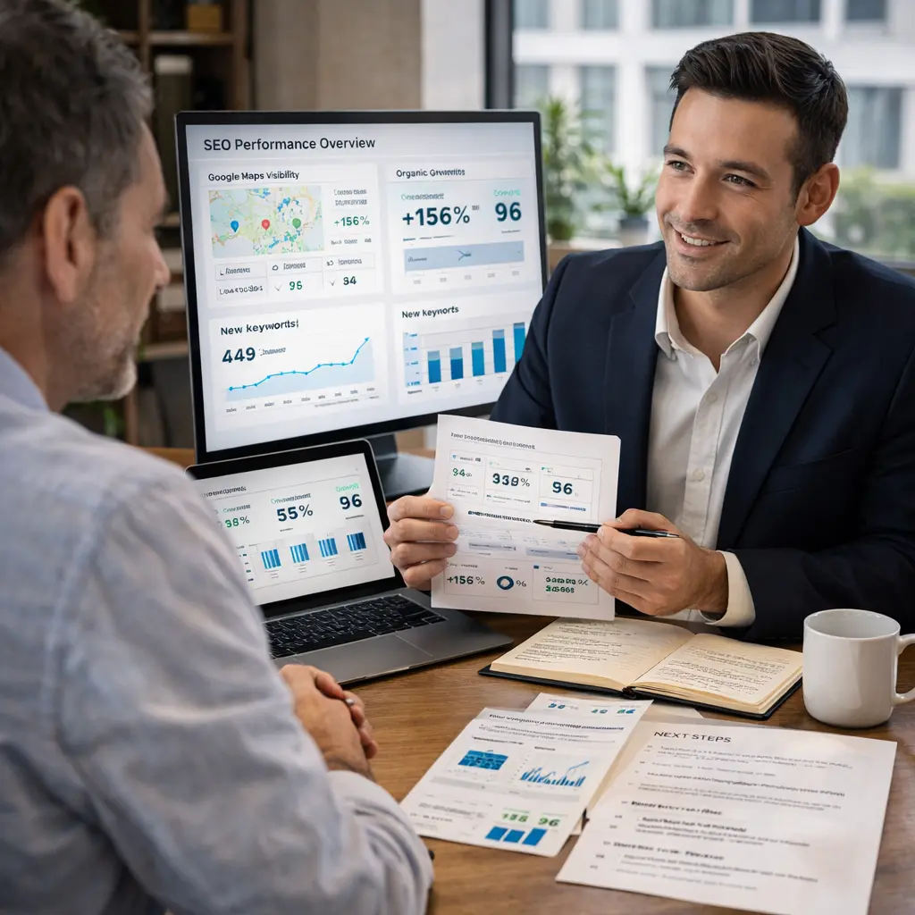 Local SEO consultation discussing growth results campaign strategy and opportunities
