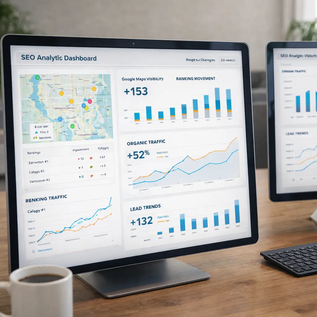 Local SEO analytics dashboard showing Maps visibility rankings traffic and lead trends