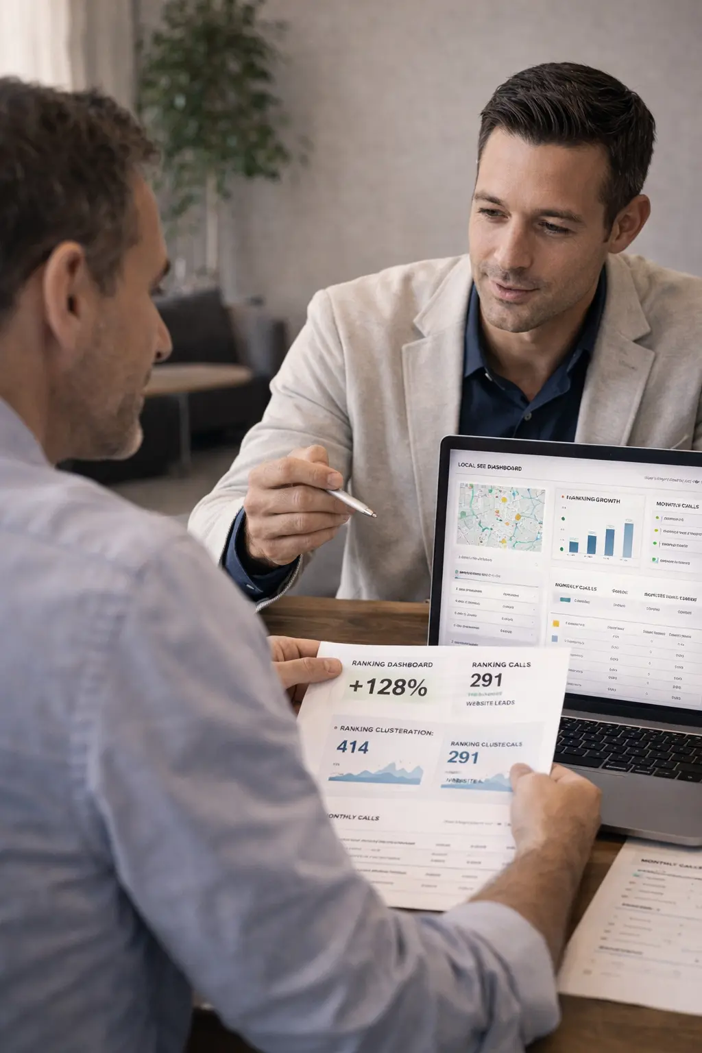 Business owner and strategist reviewing local SEO performance reports and lead growth