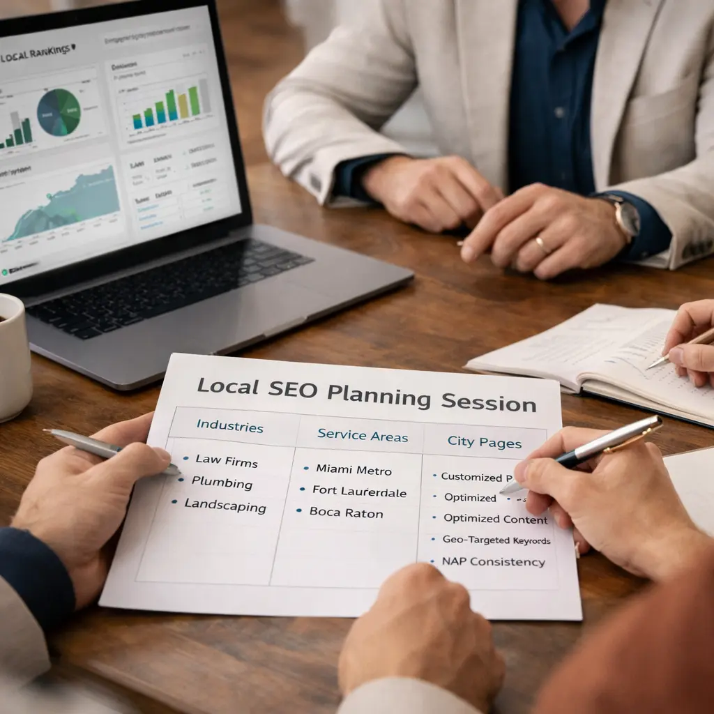 Team reviewing multi-location local SEO campaign performance across several Canadian cities