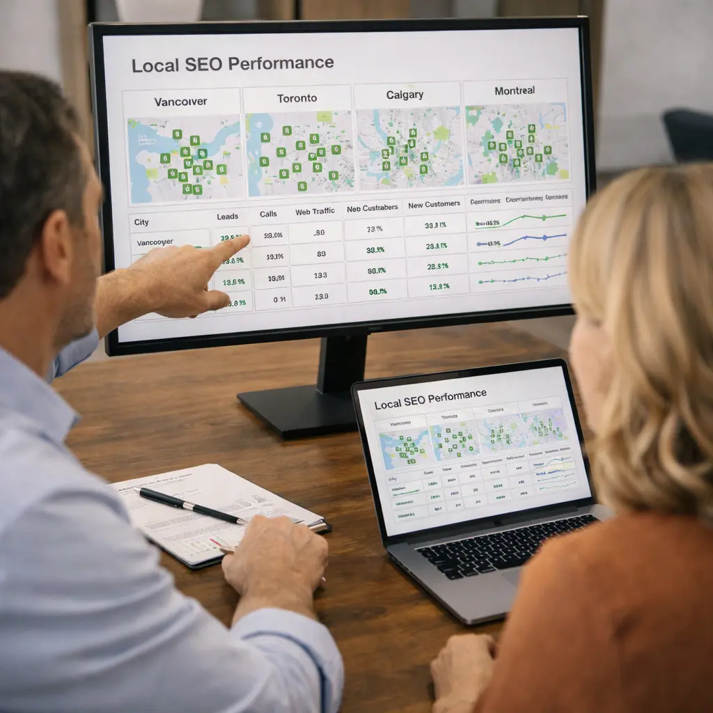 Business owners reviewing growth in local search rankings calls and leads